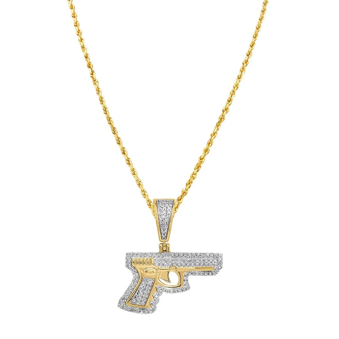 10K Yellow Gold Diamond Pistol Gun Pendant 0.40 Ctw