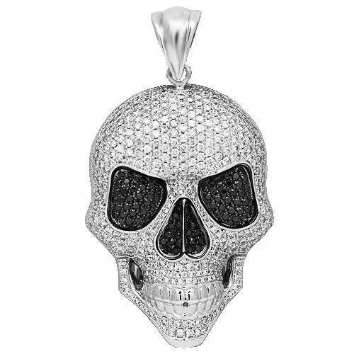 14K Solid Gold  Diamond Skull Pendant with Black Diamonds 11.20 Ctw