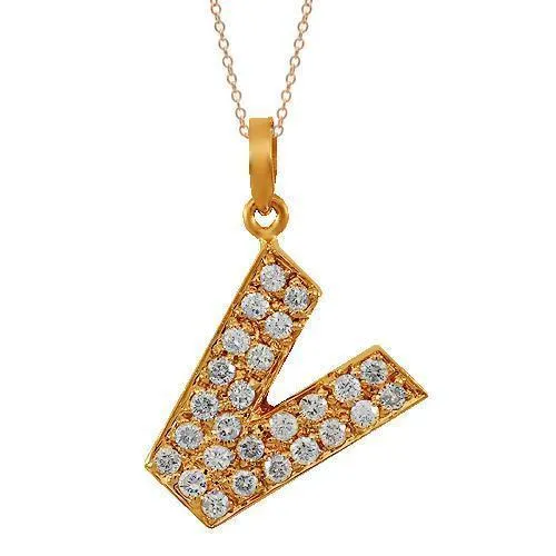 14K Solid Rose Gold Diamond Letter Initial V Pendant 0.75 Ctw