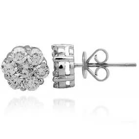 14K Solid White Gold Diamond Cluster Stud Earrings 1.43 Ctw