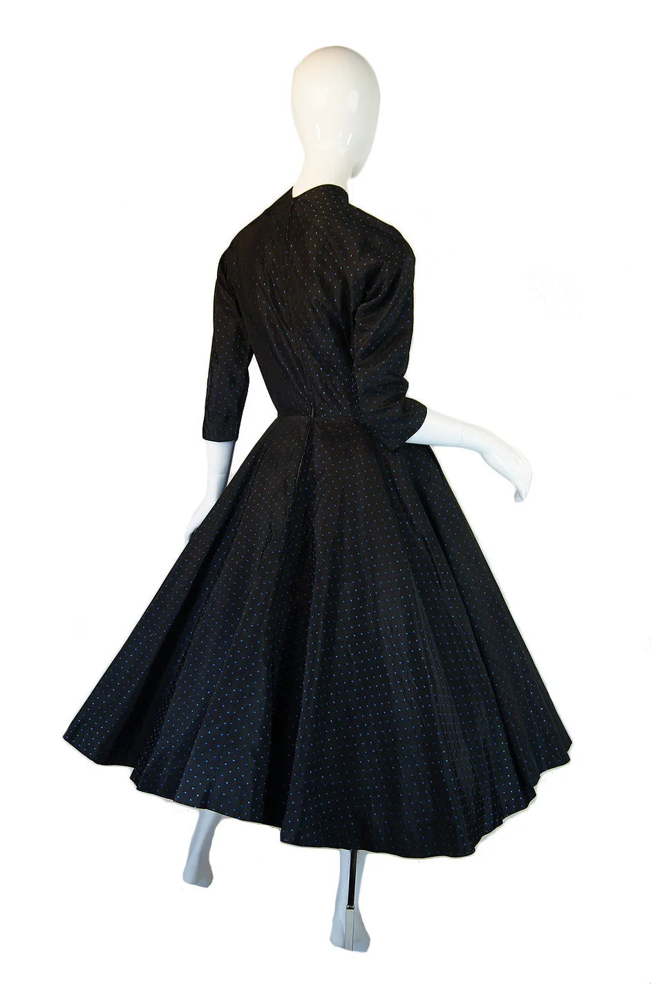 1950s Blue Dot Silk Taffeta Dance Dress