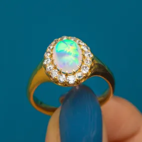 Antique 18ct Gold Opal Diamond Cluster Ring, 2.50ct Opal.