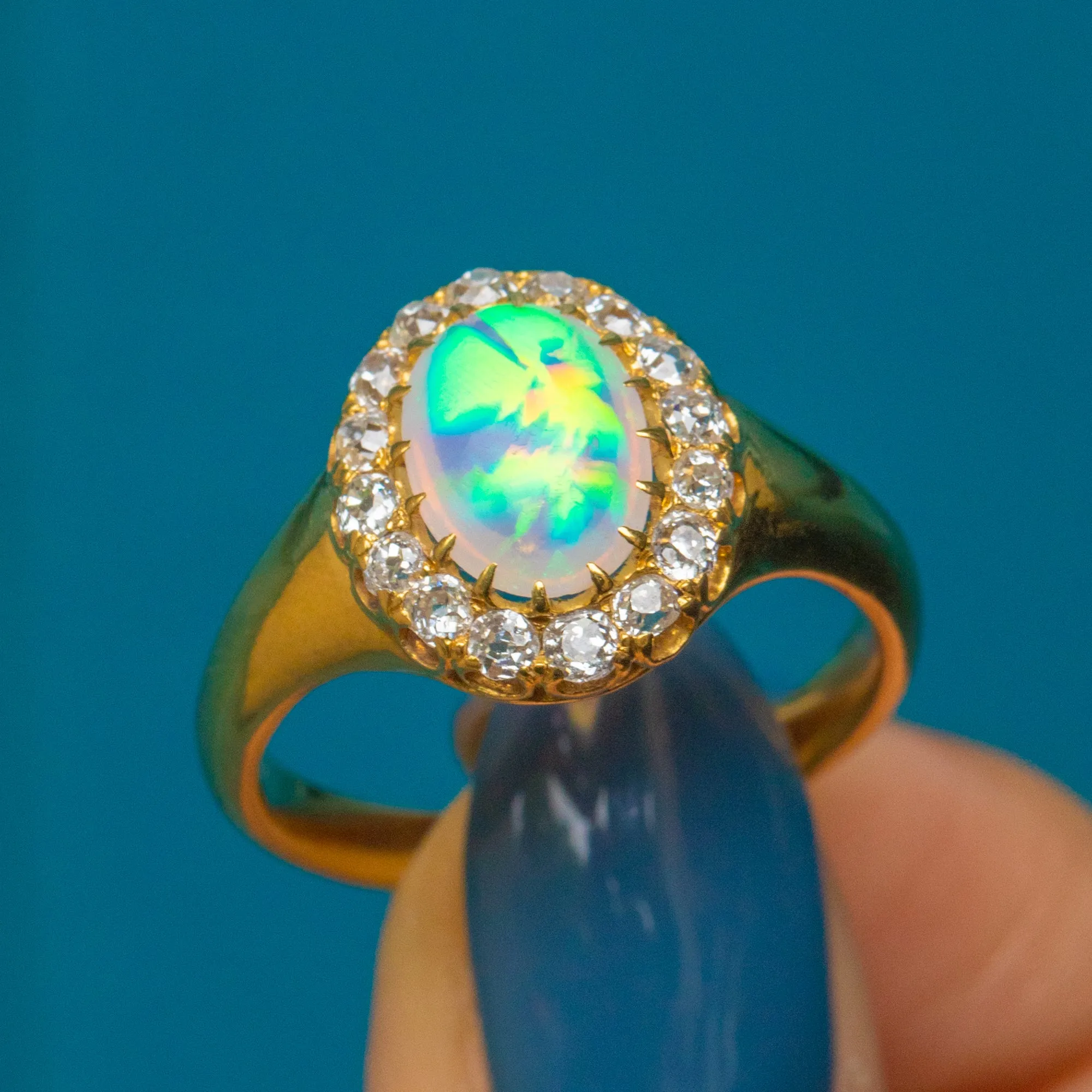 Antique 18ct Gold Opal Diamond Cluster Ring, 2.50ct Opal.