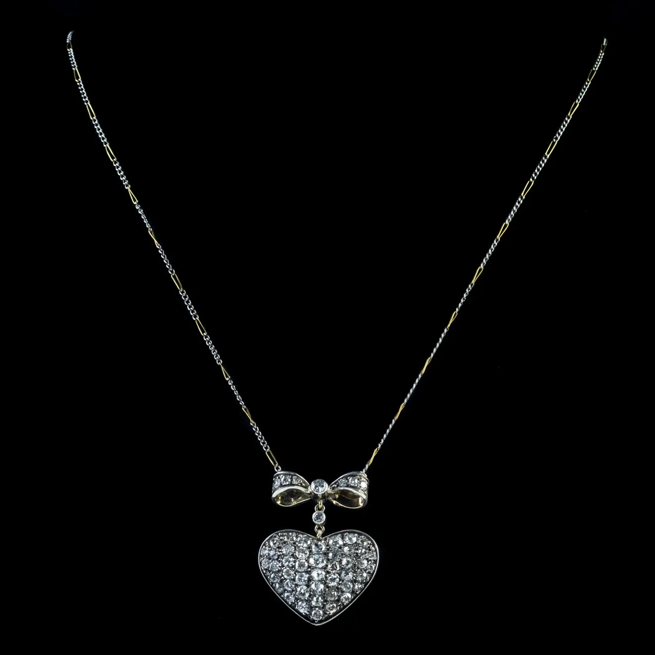 Antique Edwardian Diamond Heart Pendant Necklace 3Ct Old Cut Diamonds Circa 1910