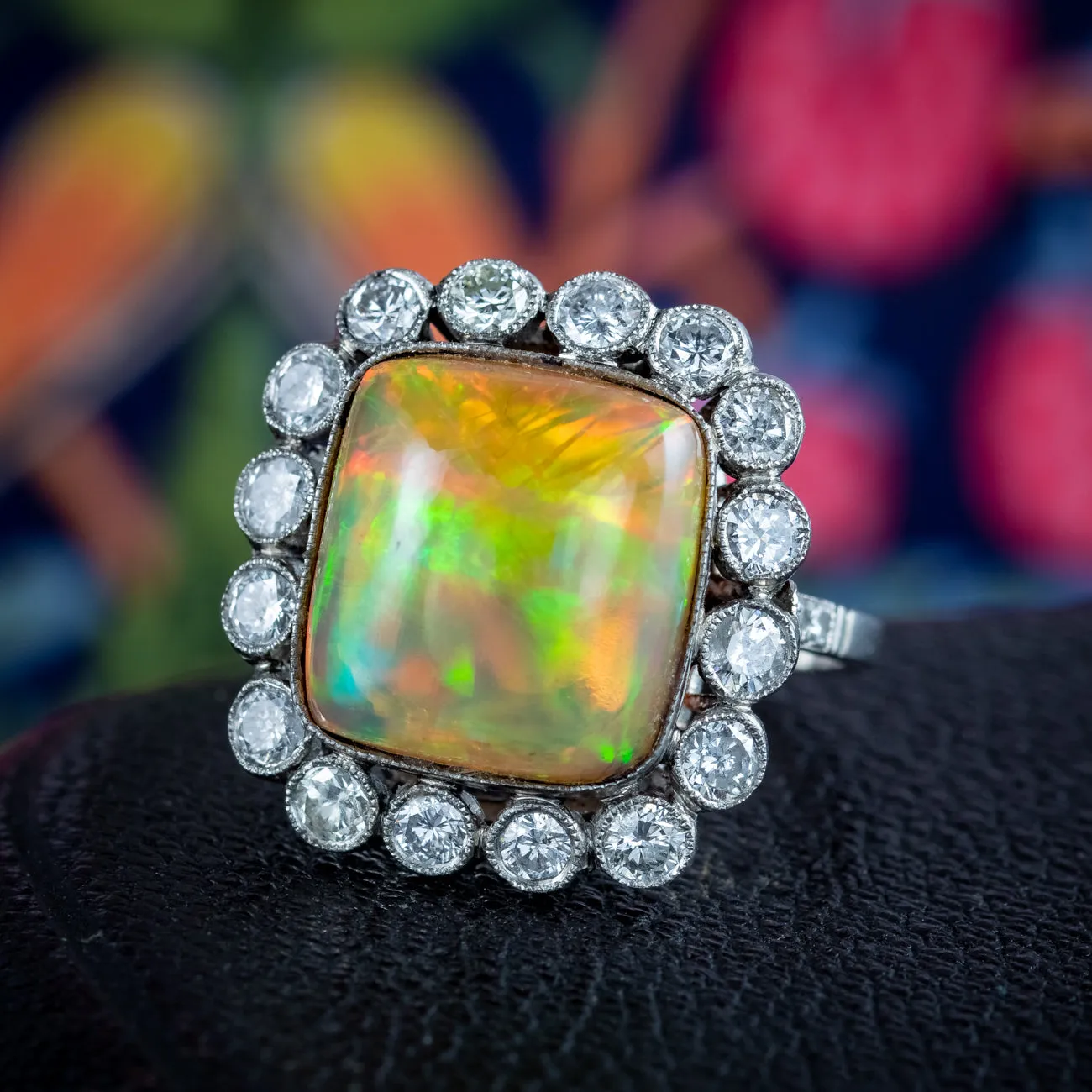 Antique Edwardian Opal Diamond Cluster Ring 8ct Opal