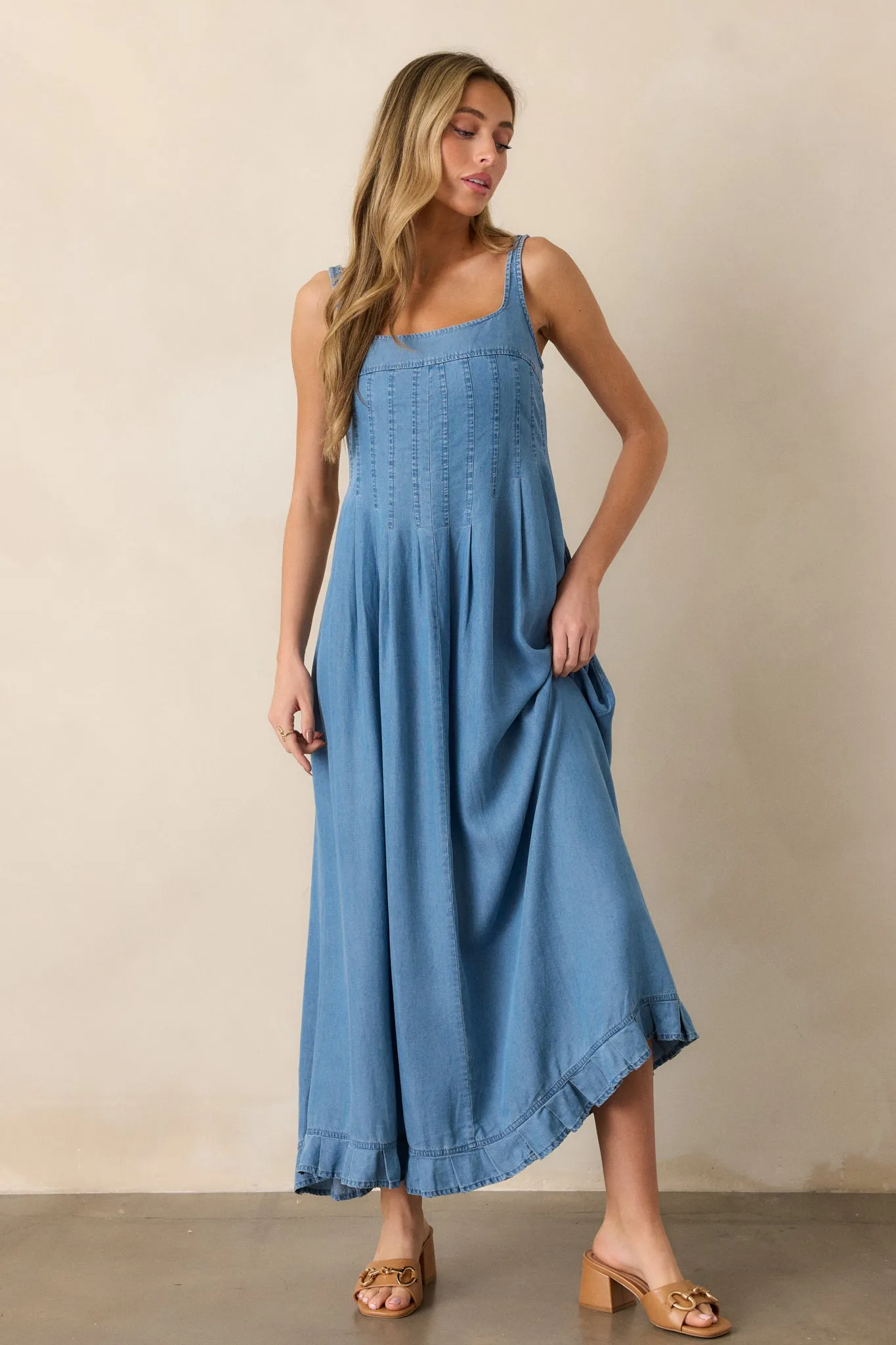 Cascading Echoes Blue Chambray Maxi Dress