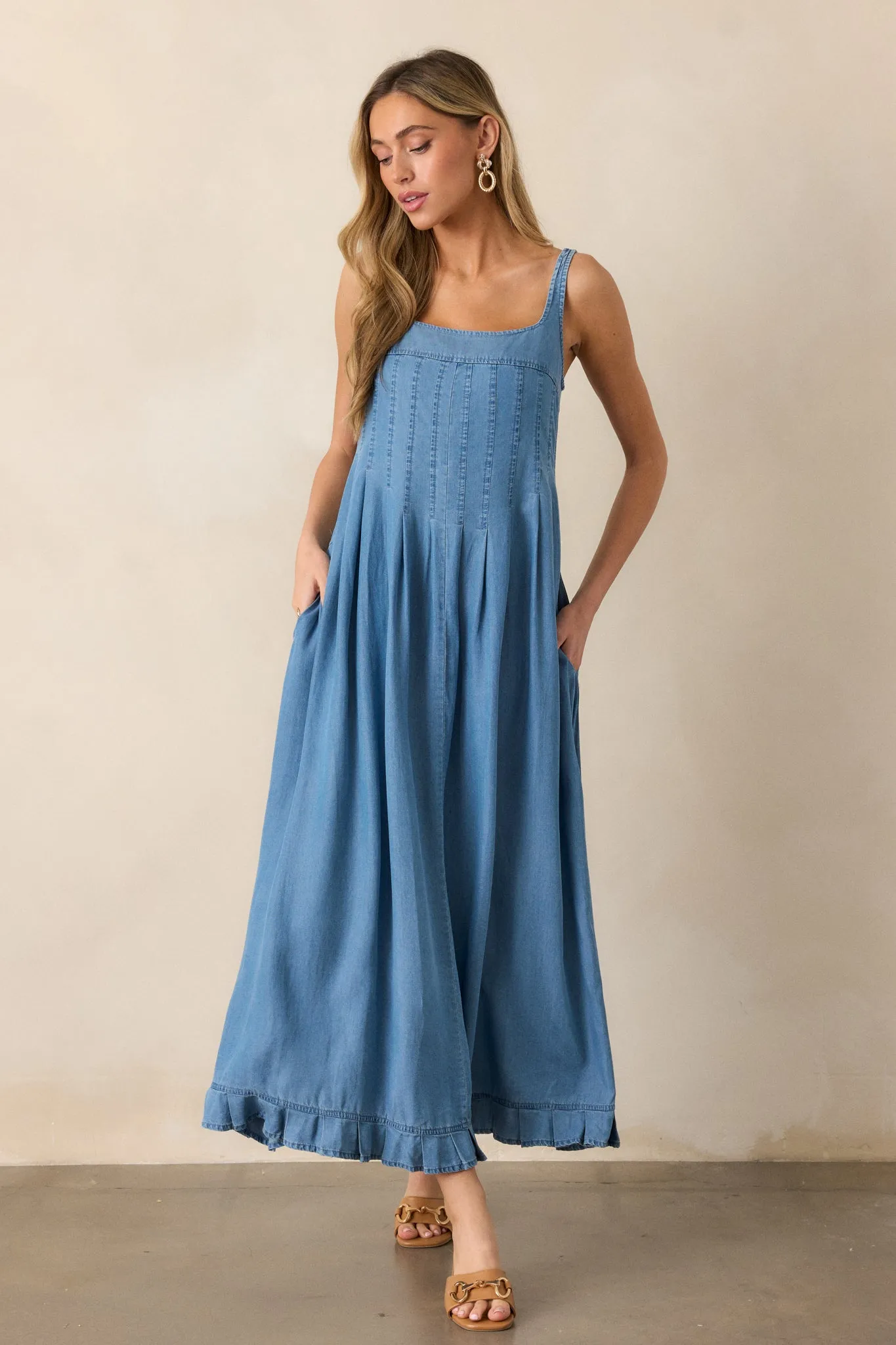 Cascading Echoes Blue Chambray Maxi Dress