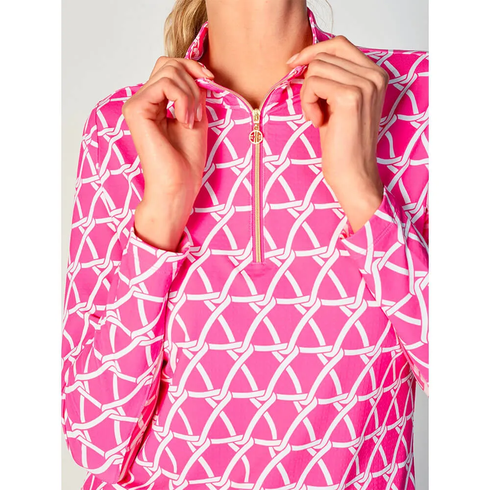 G Lifestyle Nautical Long Sleeve Zip Mock Neck Top - Hot Pink