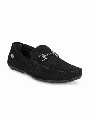 Hitz Men's Black Leather Slip-On Loafer Shoes