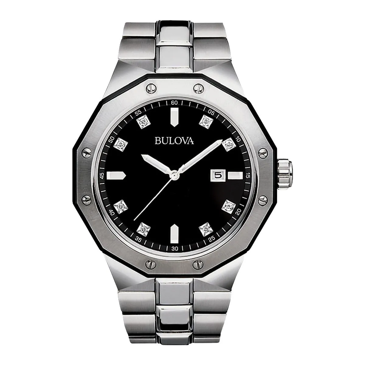 MEN'S STAINLESS STEEL CLASSIC BULOVA WATCH WITH DIAMONDS AND BLACK DIAL