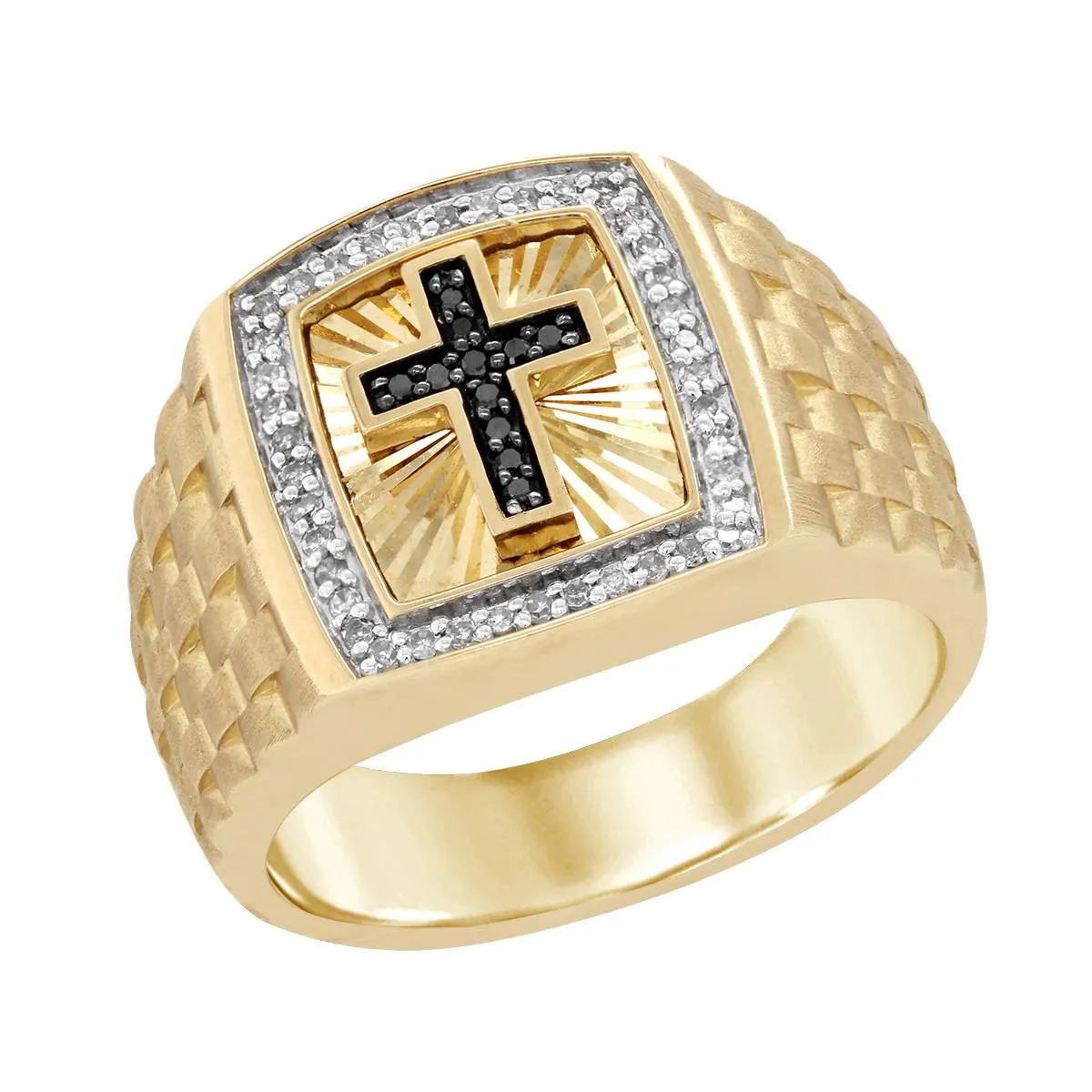 MEN'S YELLOW GOLD FASHION RING WITH BLACK DIAMOND CROSS AMD WHITE SIDE DIAMONDS, 1/5 CT TW