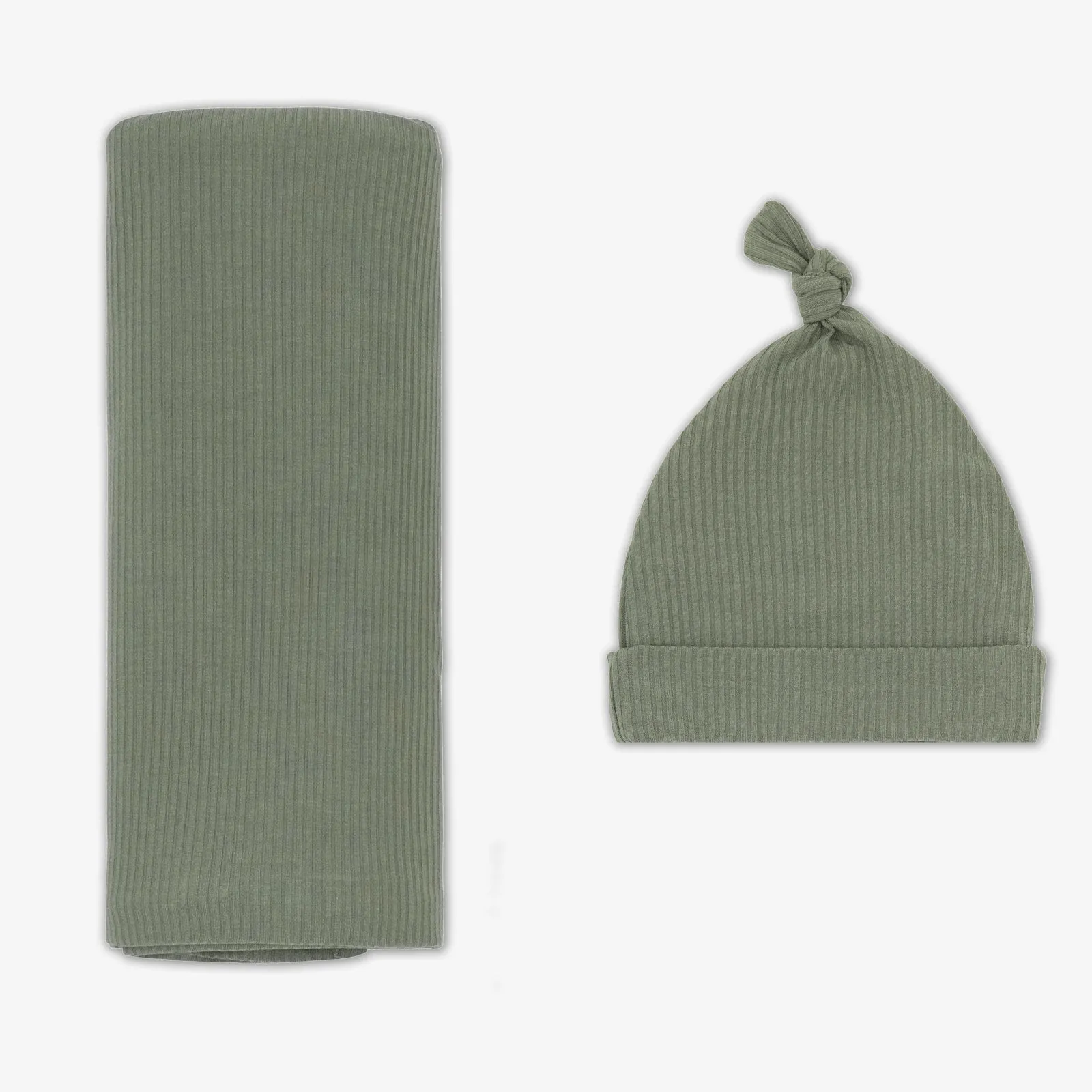 Moss Ribbed Swaddle & Hat Set