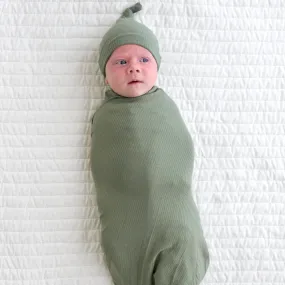 Moss Ribbed Swaddle & Hat Set