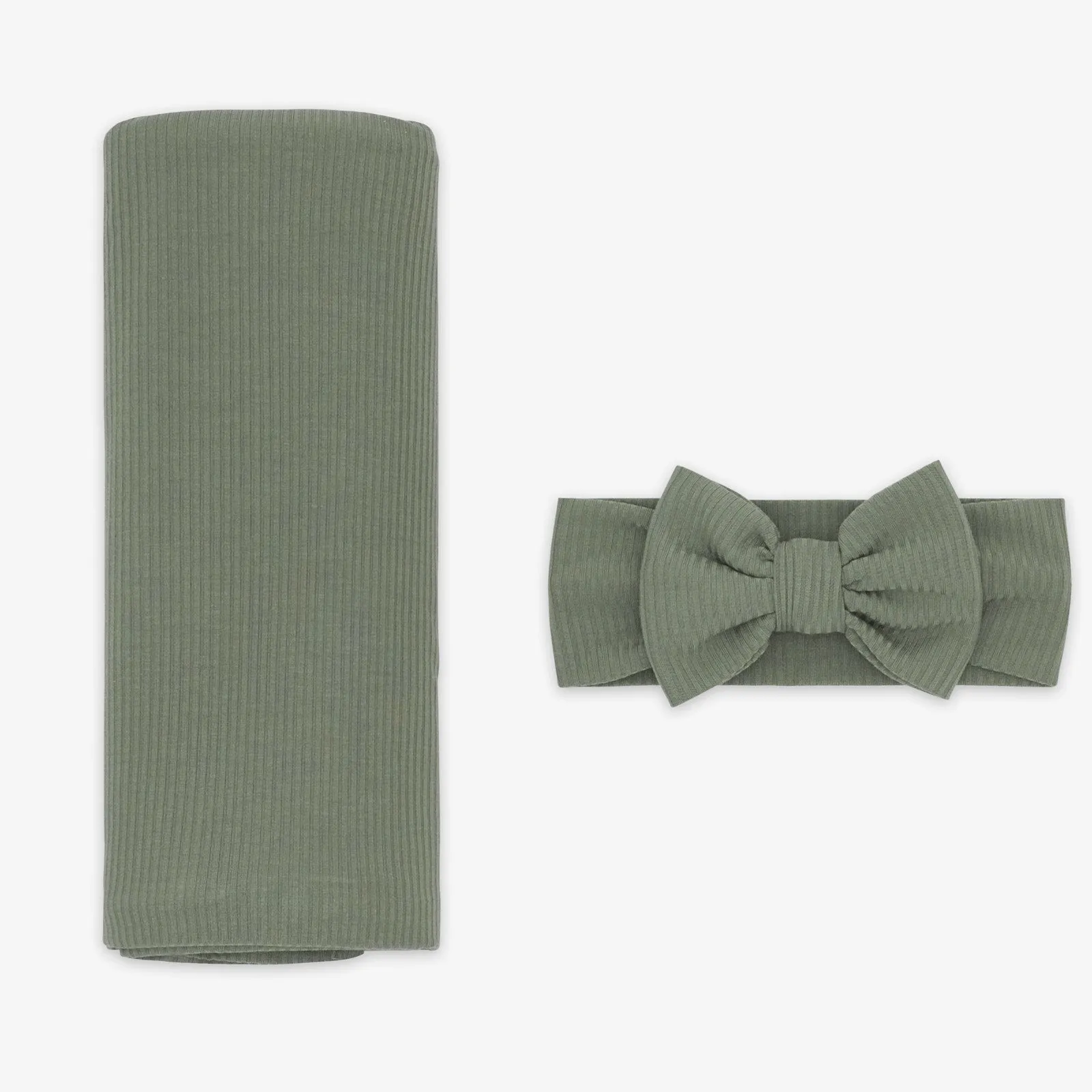 Moss Ribbed Swaddle & Luxe Bow Headband Set