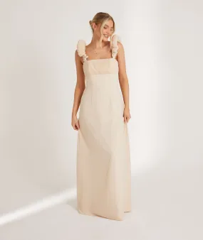 Pleated Statement Shoulder Chiffon Bridesmaid Dress - Vintage Cream