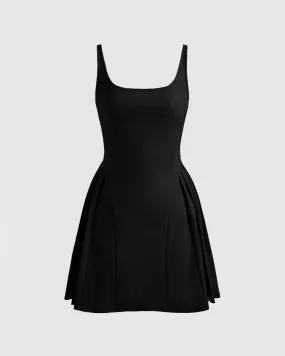 Square Neck Solid Pleated Cami Black Mini Dress