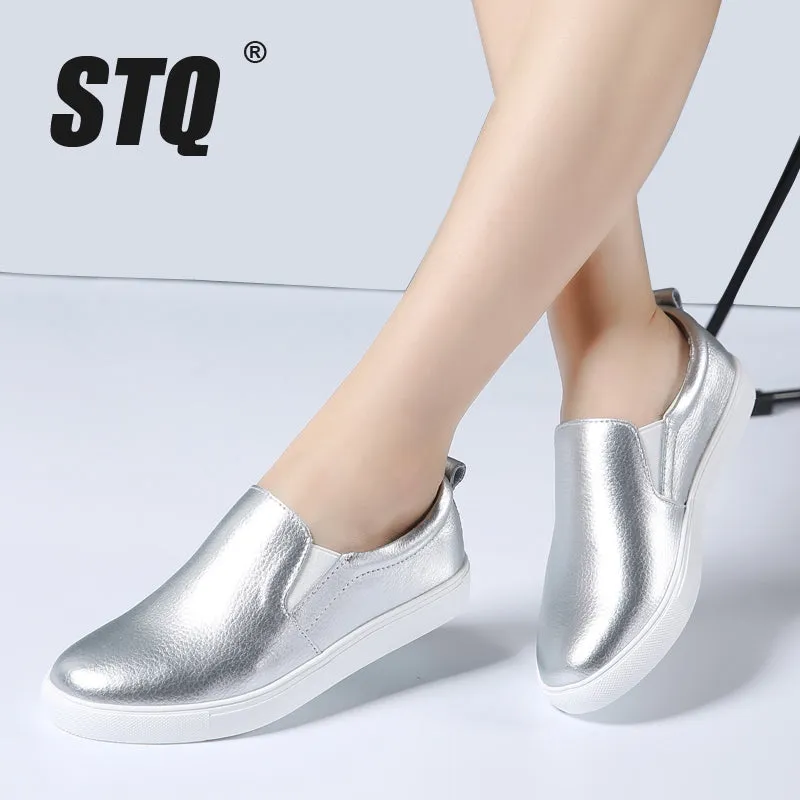 STQ 2017 Autumn Women Leather Loafers Fashion ballet flats sliver white black Shoes Woman Slip On loafers boat shoes Moccasins