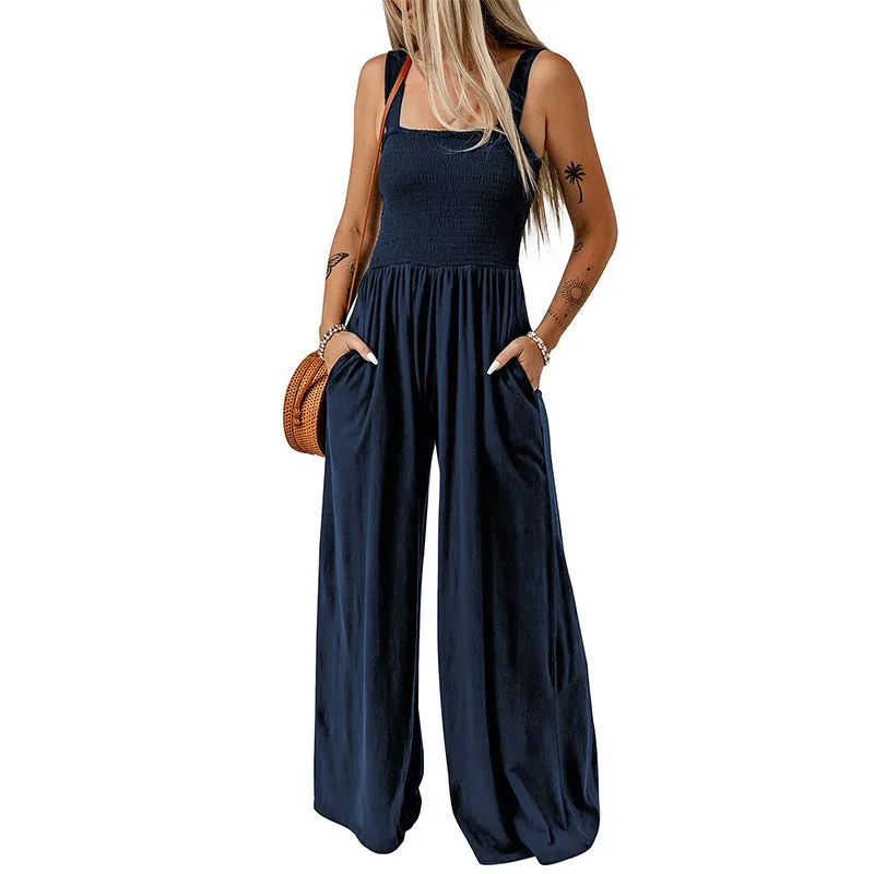 Summer Square Neck High Waist Jumpsuit  Backless Pleated Design Wide Leg Trousers