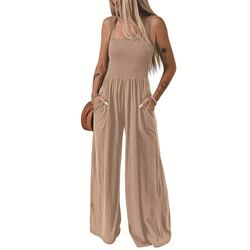 Summer Square Neck High Waist Jumpsuit  Backless Pleated Design Wide Leg Trousers