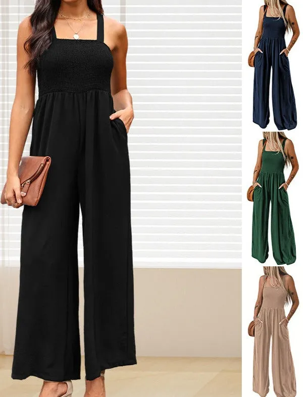 Summer Square Neck High Waist Jumpsuit  Backless Pleated Design Wide Leg Trousers