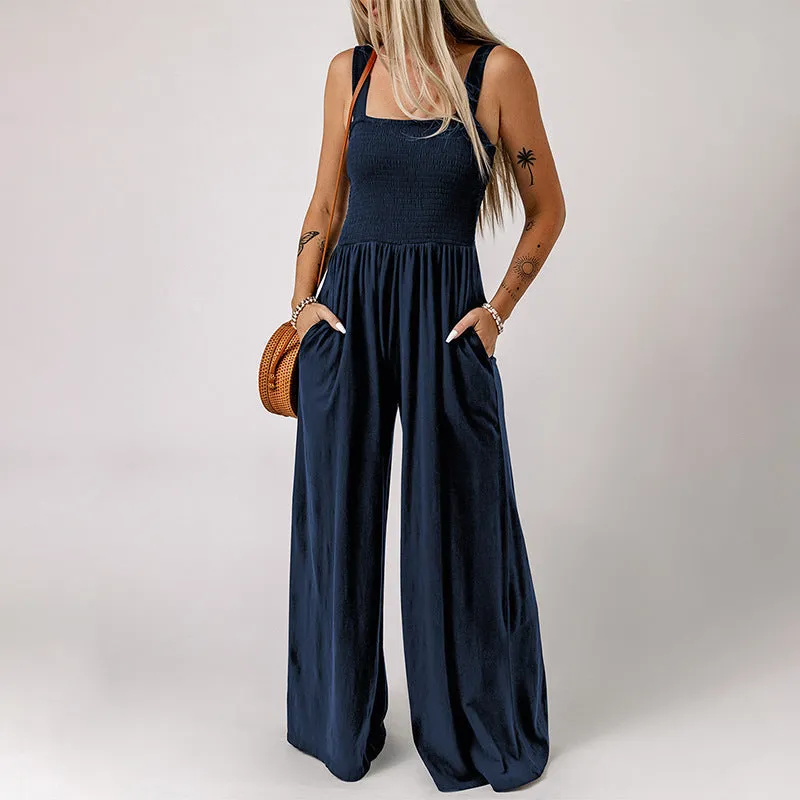 Summer Square Neck High Waist Jumpsuit  Backless Pleated Design Wide Leg Trousers