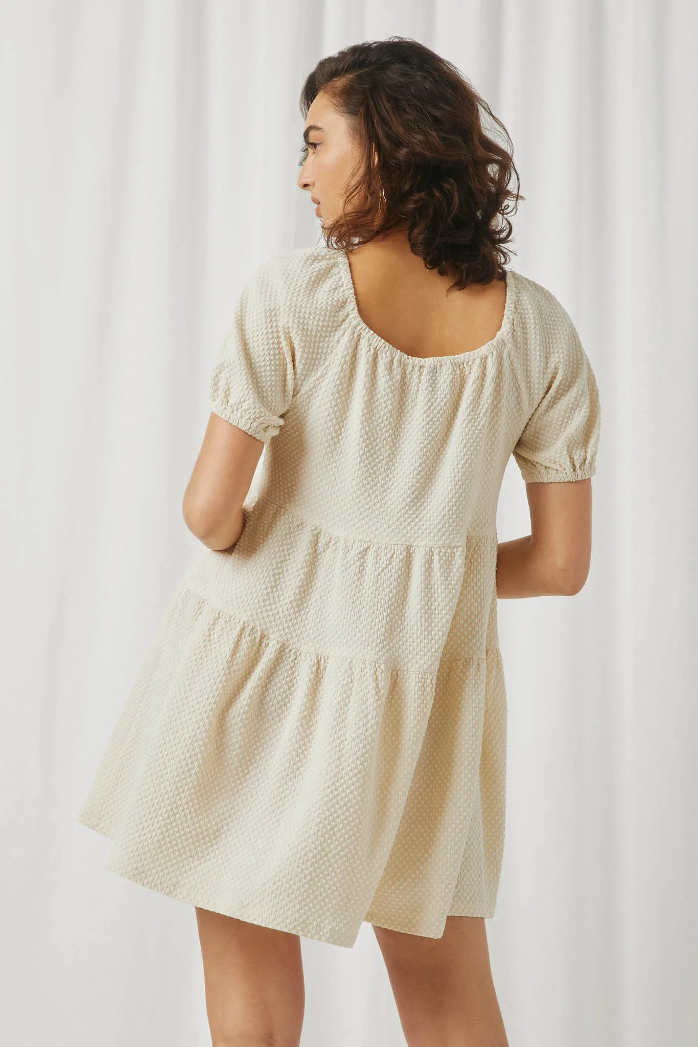 Textured Puff Sleeve Tie Front Dress