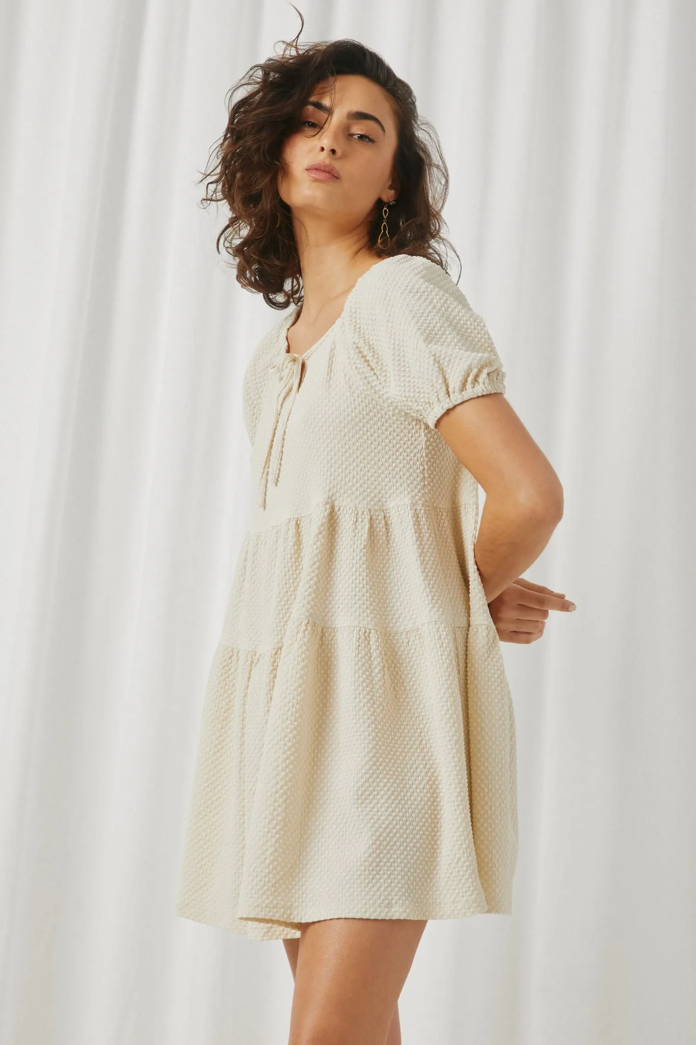 Textured Puff Sleeve Tie Front Dress